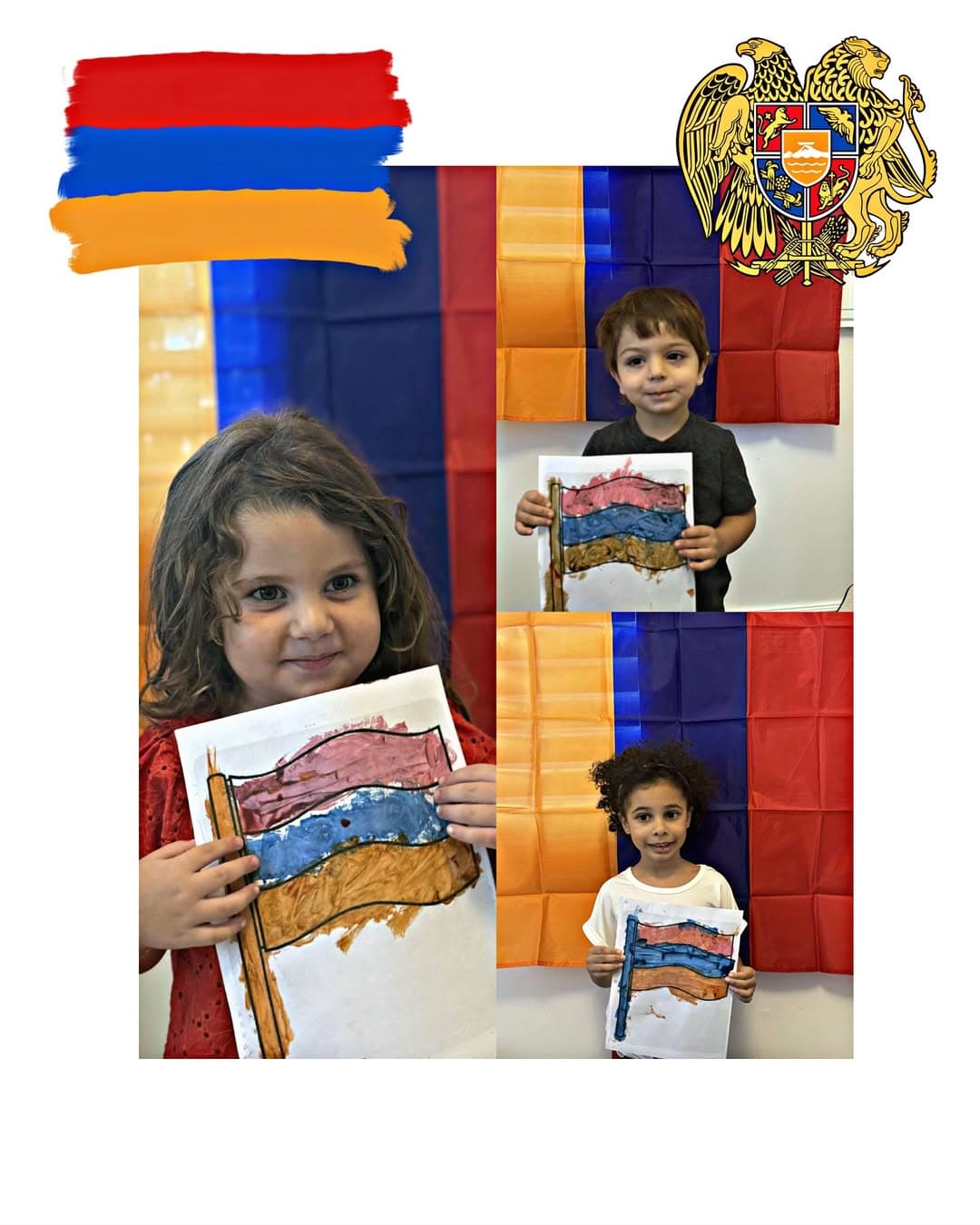 Children holding Armenian flag paintings they made in class