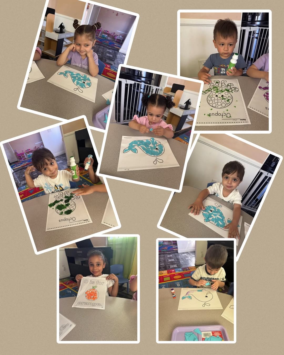 Collage of children showing off their letters and colors art projects